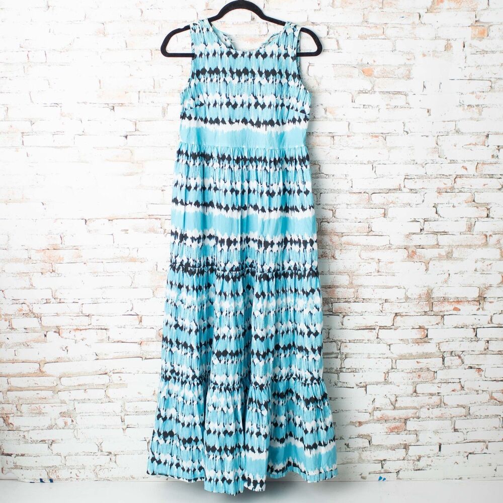 Tyler BΓΆe Maxi Dress XS Blue Black White Ikat Print Sleeveless Tiered Summer